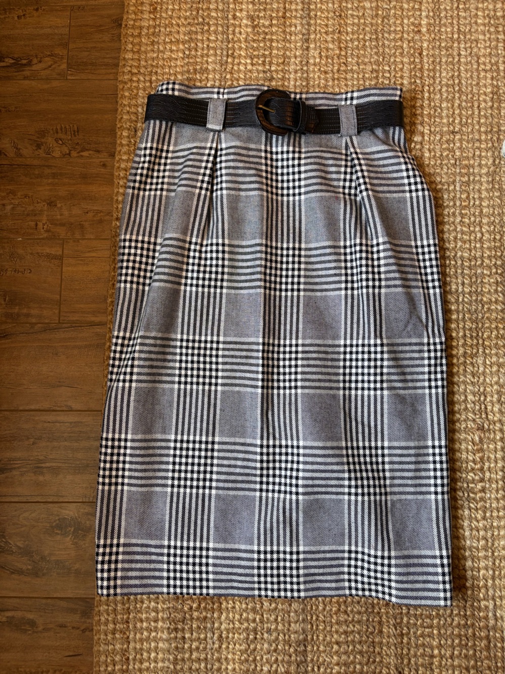 Tailored Plaid Wool Pencil Skirt with Belt